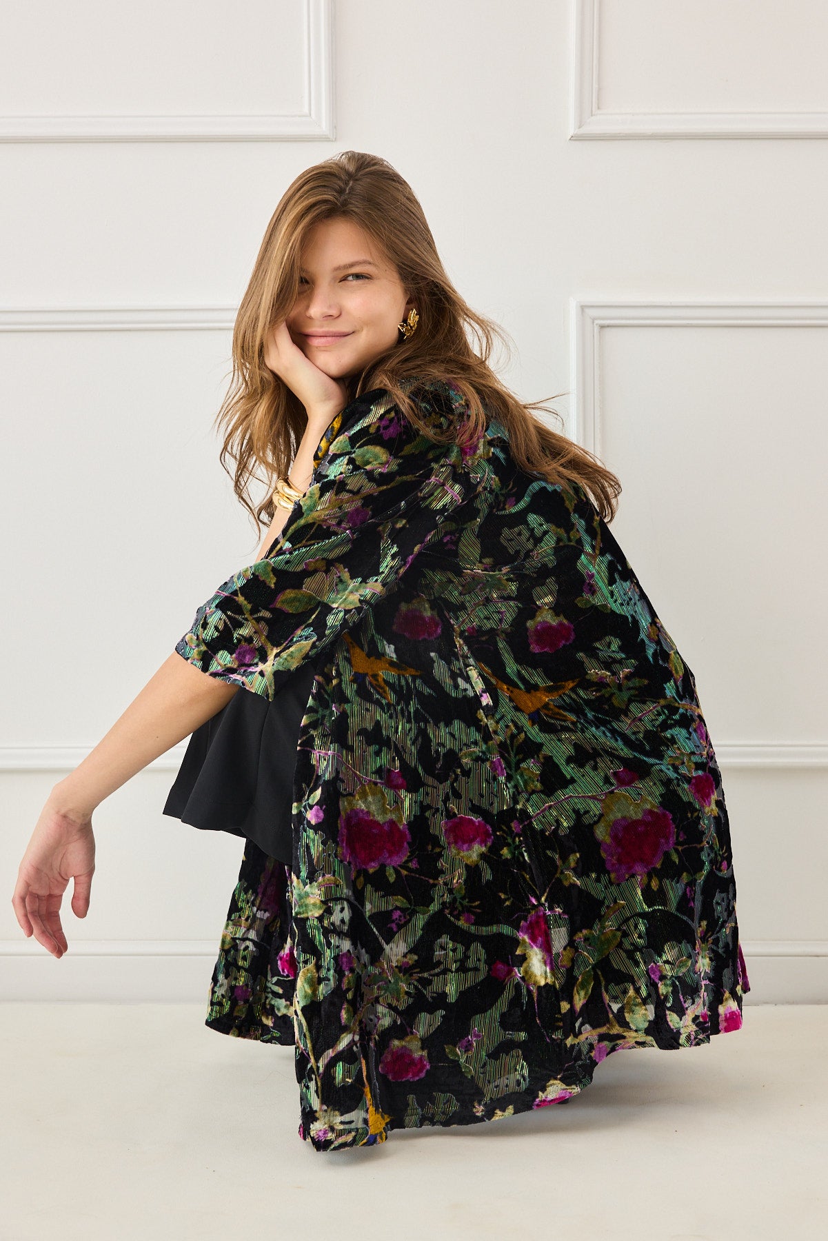 קימונו קטיפה צרובה פרחוני