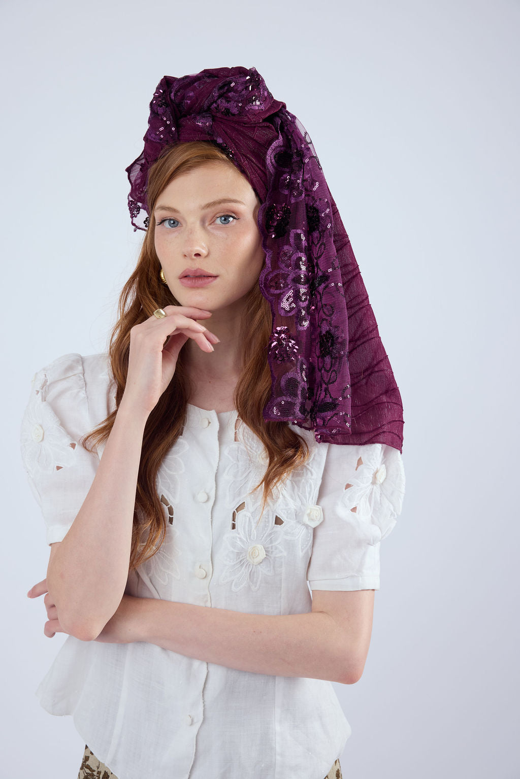 הדרא, קולקציית מטפחות חגים, מטפחת שילוב בדים סגול, מטפחת לארועים