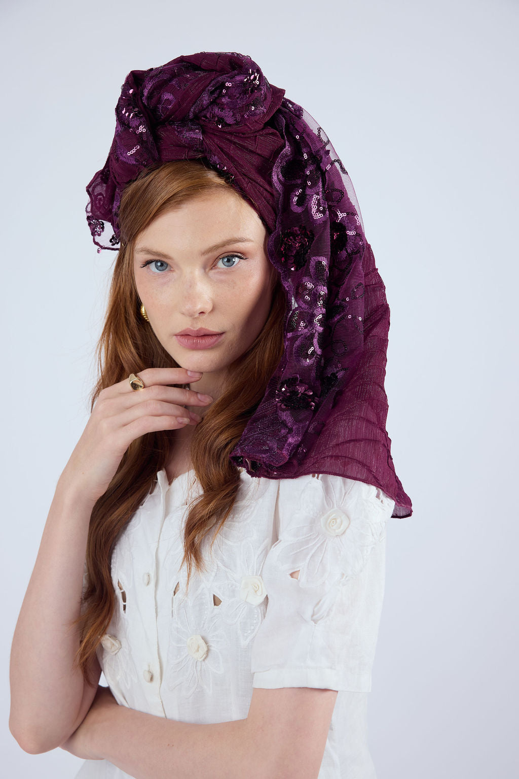 הדרא, קולקציית מטפחות חגים, מטפחת שילוב בדים סגול, מטפחת לארועים