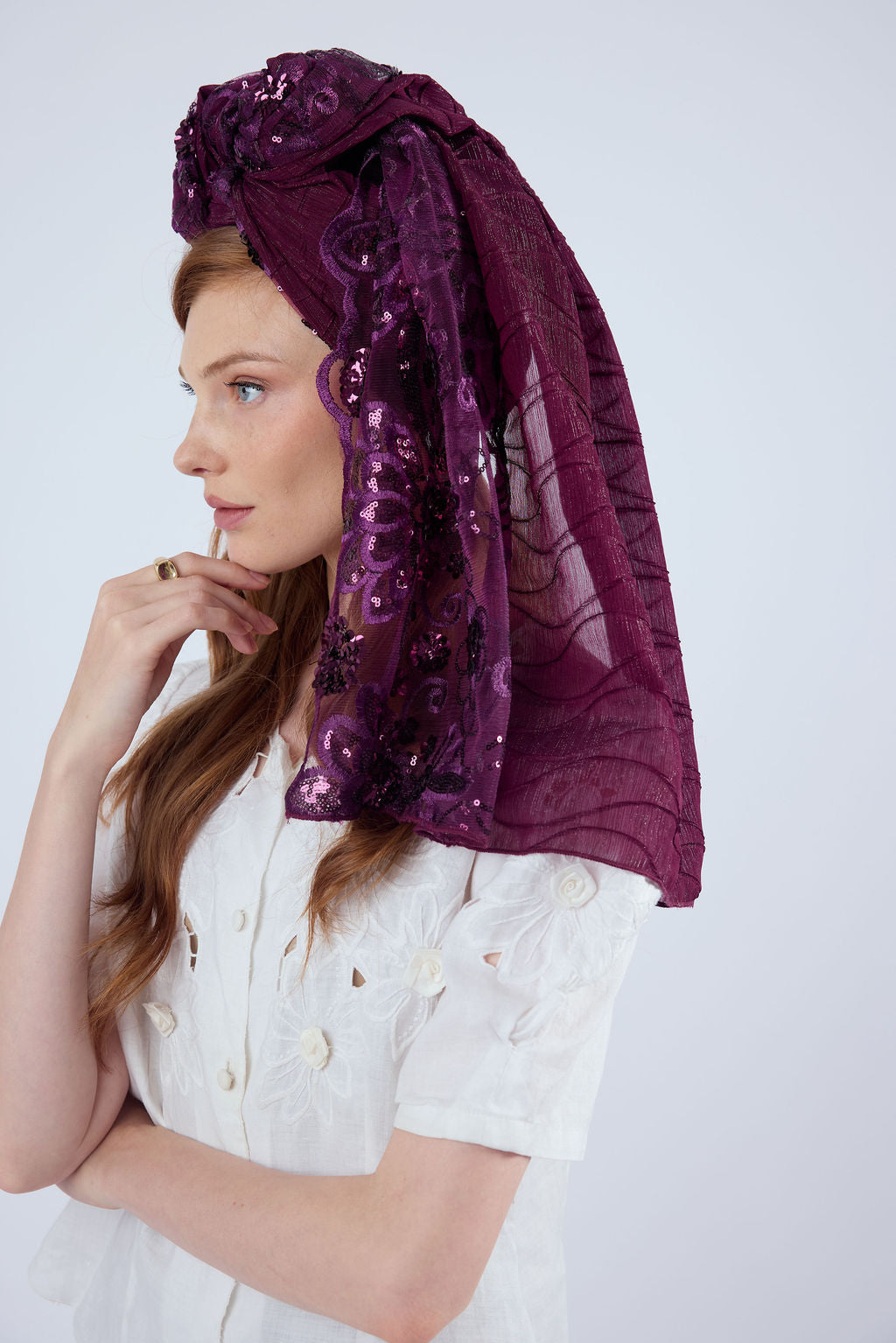 הדרא, קולקציית מטפחות חגים,  מטפחת שילוב בדים סגול, מטפחת לארועים