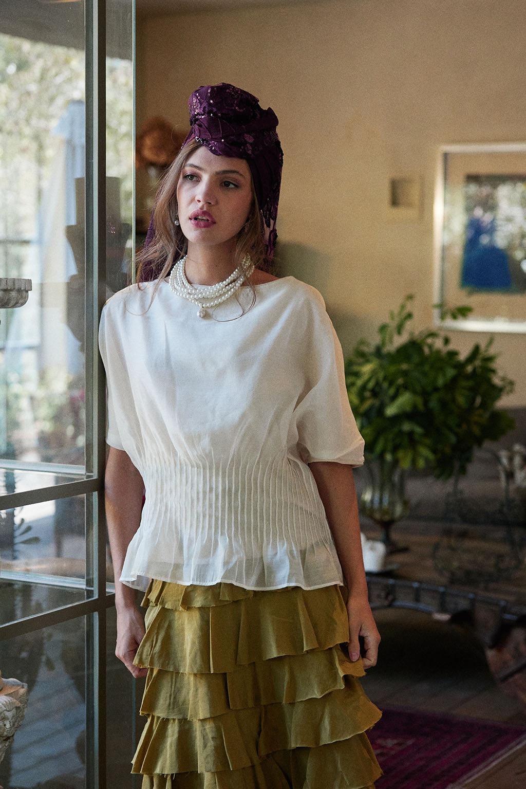 הדרא, קולקציית מטפחות חגים, מטפחת שילוב בדים סגול, מטפחת לארועים