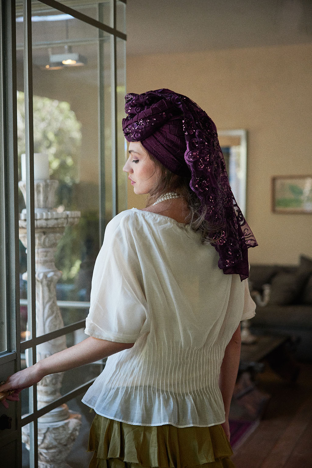 הדרא, קולקציית מטפחות חגים, מטפחת שילוב בדים סגול, מטפחת לארועים