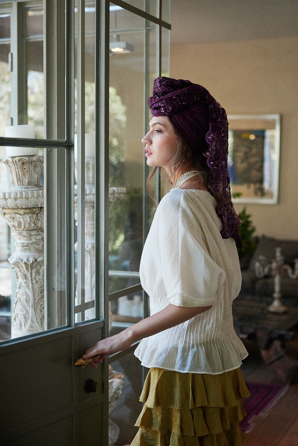 הדרא, קולקציית מטפחות חגים, מטפחת שילוב בדים סגול, מטפחת לארועים