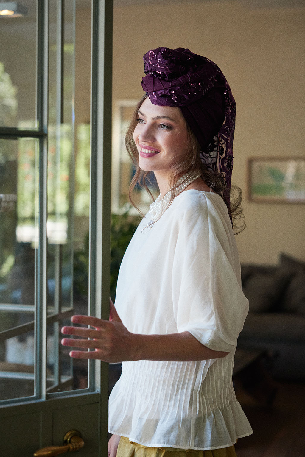 הדרא, קולקציית מטפחות חגים, מטפחת שילוב בדים סגול, מטפחת לארועים