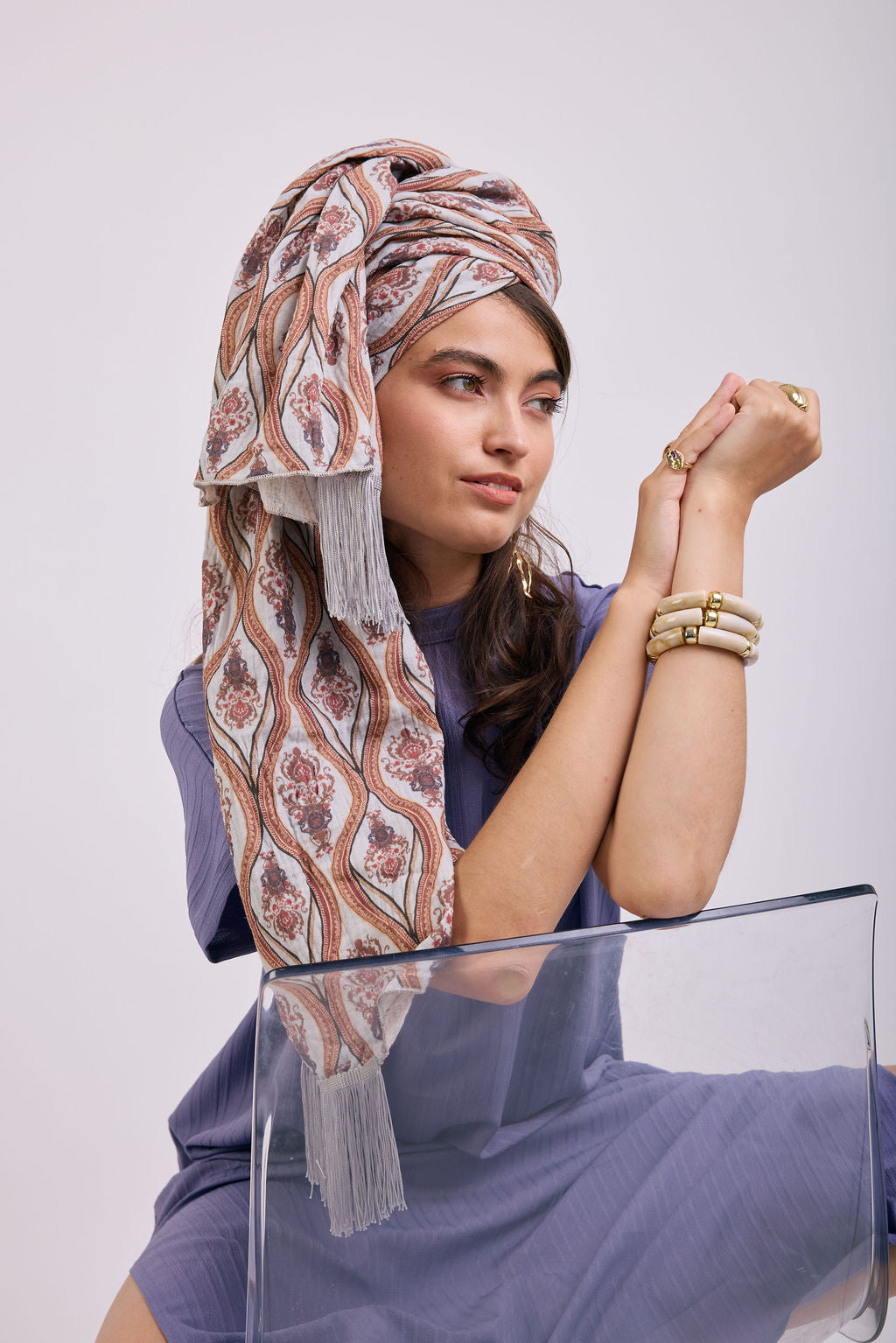 הדרא, קולקציית מטפחות קיץ, מטפחת בהדפס אטני עם פרנז, מטפחת חגיגית