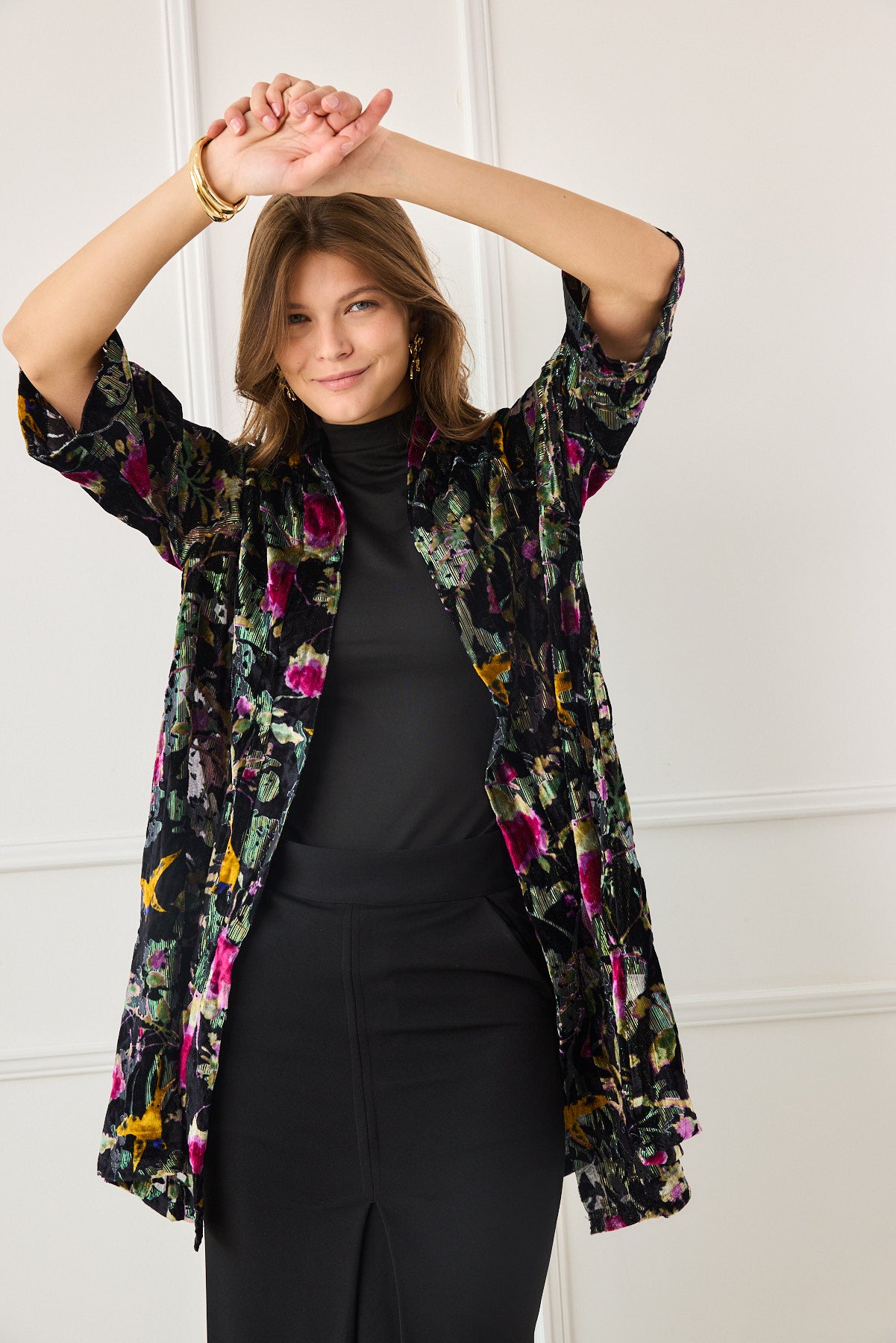 קימונו קטיפה צרובה פרחוני