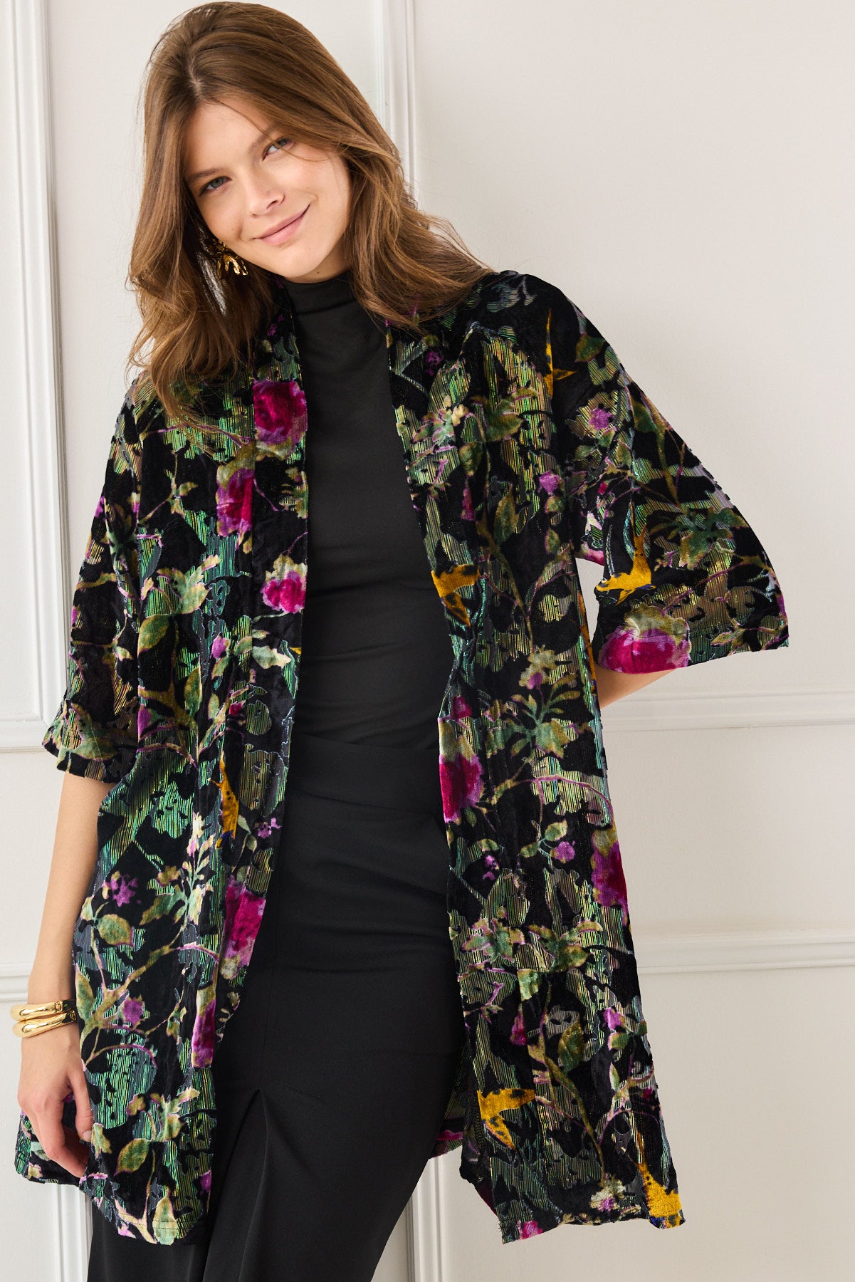 קימונו קטיפה צרובה פרחוני