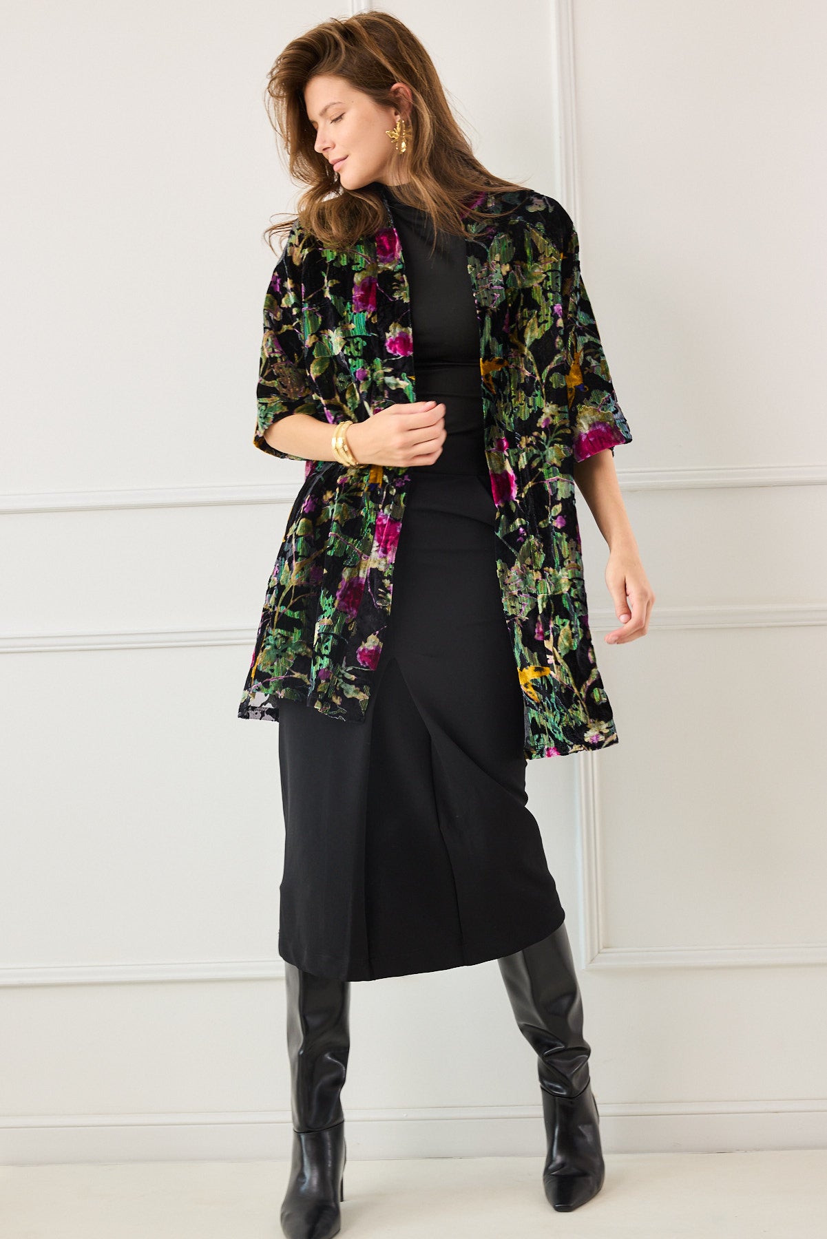 קימונו קטיפה צרובה פרחוני