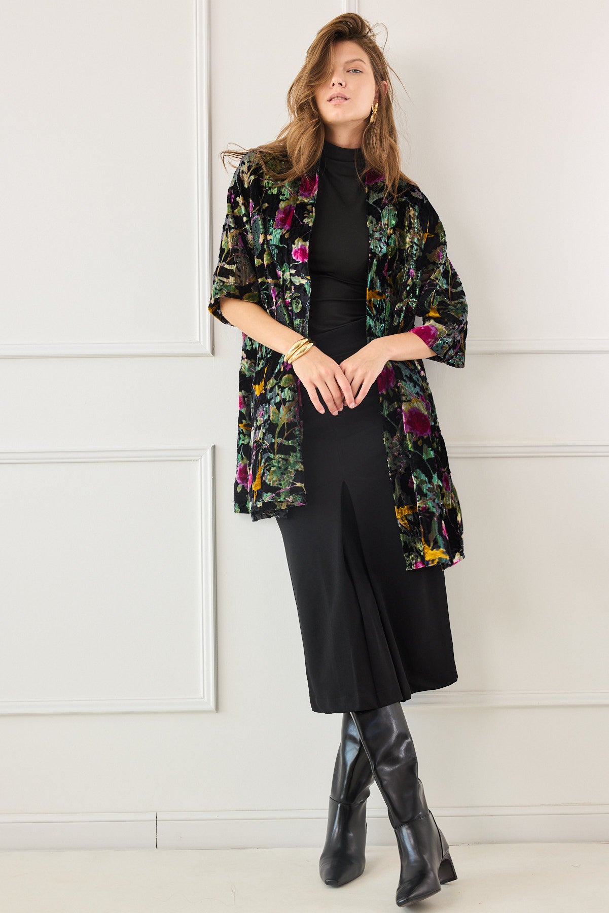 קימונו קטיפה צרובה פרחוני